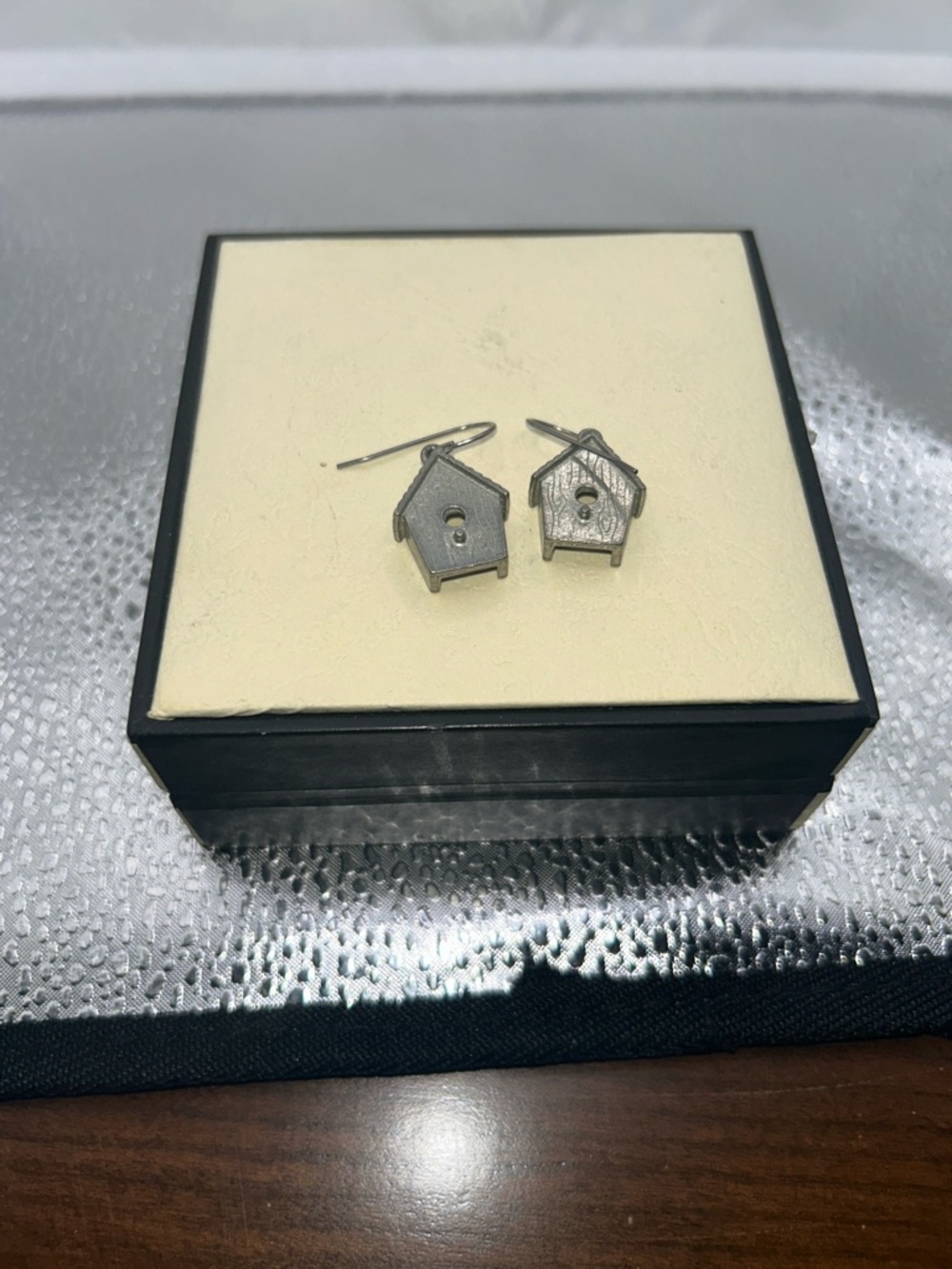 Vintage pewter bird house earrings silver tone cottagecore rustic everyday wear